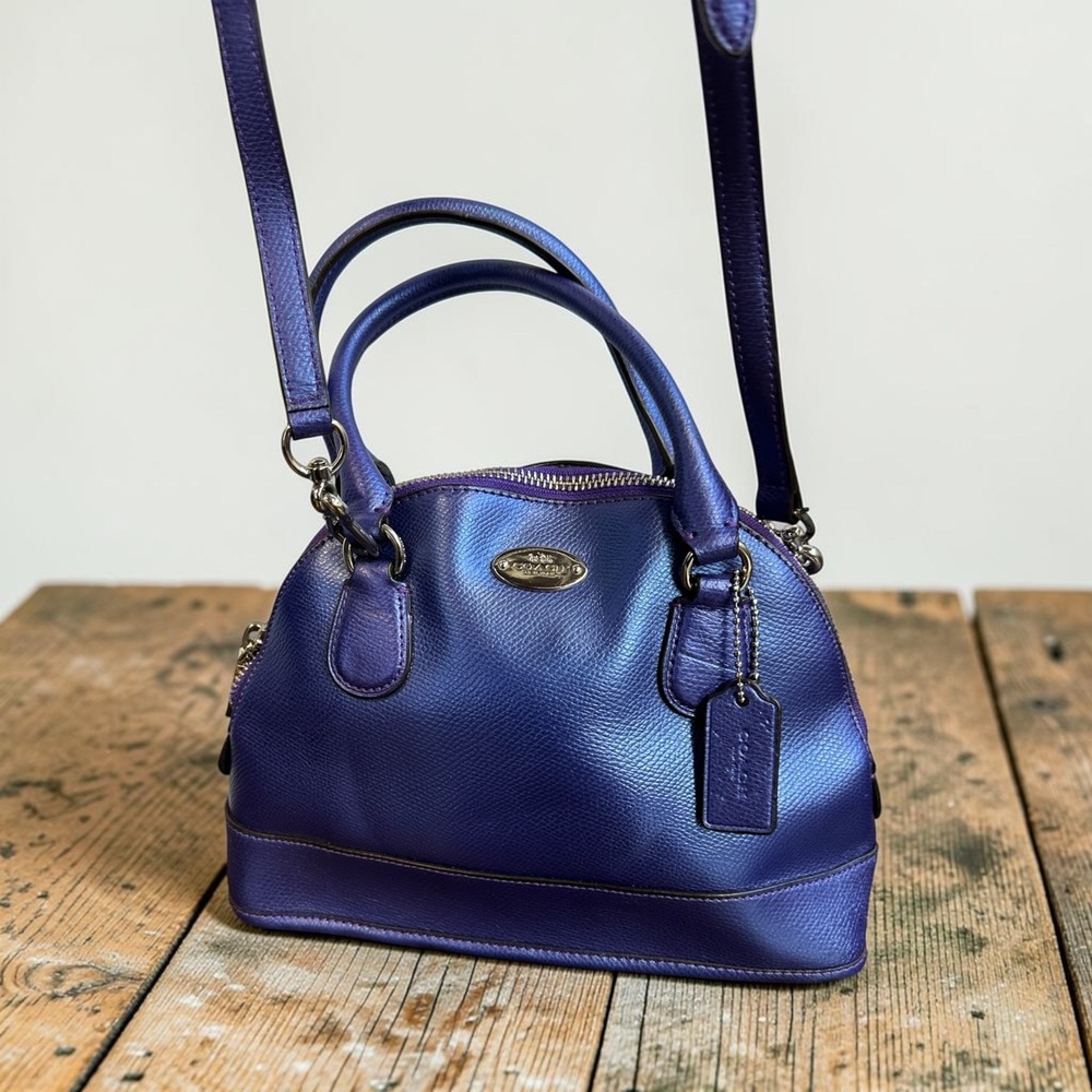 Coach Mini Cora Domed Satchel Crossgrain Leather Metallic Purple Iris Rare HTF - Picture 16 of 16